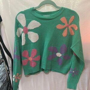 Full Tilt Green and White Crew Neck Sweater with Floral Design